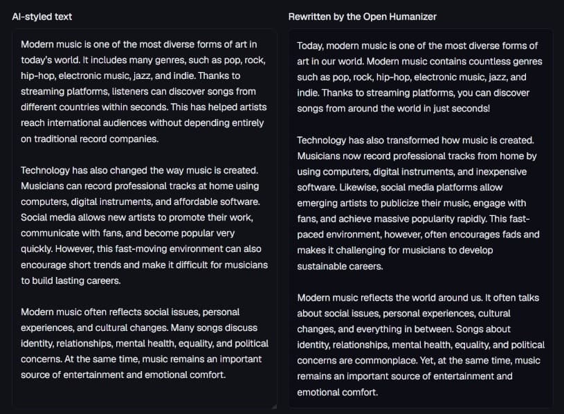 The demo showing a ChatGPT text about modern music next to the Open Humanizer's rewrite